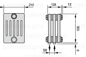 Схема (чертеж) Радиатор Zehnder Charleston 6035/3 №5410 Белый глянцевый RAL 9016